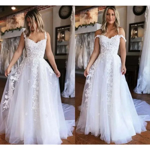 Verão boêmio rendas tule vestidos de casamento simples projetado uma linha fora do ombro apliques babados longos vestidos de noiva plus size bc