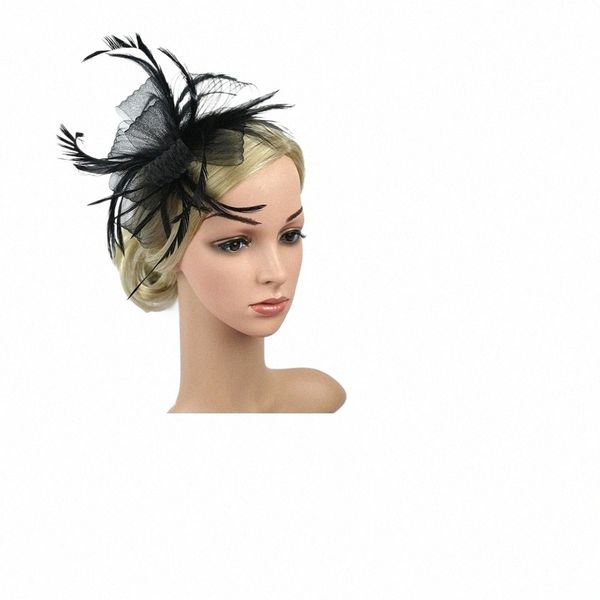 Britannico Retro Donne Piuma Fascinator Fascia Grande Clip di capelli floreale Cocktail Wedding Party Cappello da sposa Decor Ladies Copricapo 47uW #