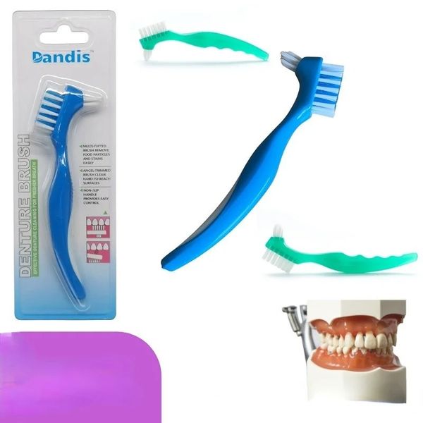 Escova de dentes para próteses dentárias, cerdas duplas duras/macias para dentes falsos, excelente limpeza total