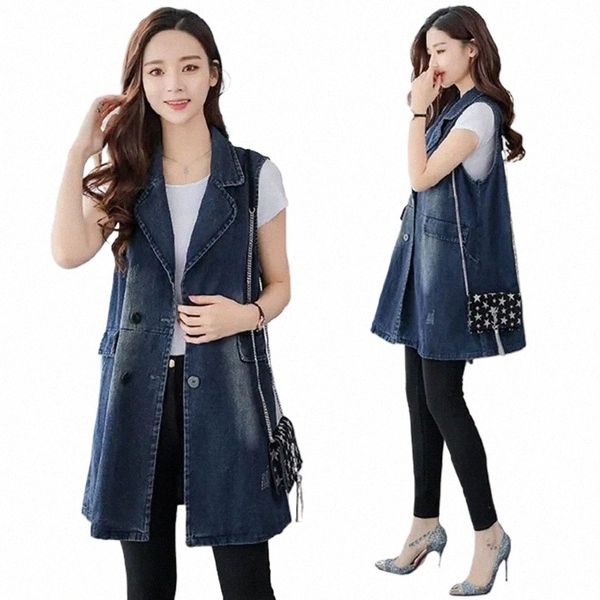 New Ladies Denim Vest Primavera Autunno Lg Gilet doppio petto Fi Donna Sleevel Casual Denim Canotta Capispalla 3XL K3Ha #