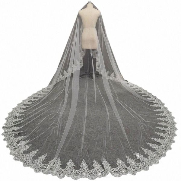 sem pente véu de casamento borda completa com rendas Bling lantejoulas 4 M One Tier Lace véu de noiva Lg véu para noiva acessórios de casamento H3g4 #