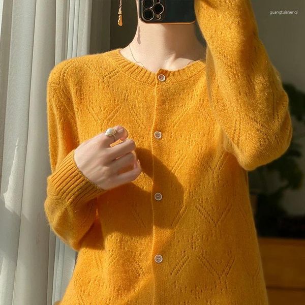 Kadın Örgü Merino Yün Örgü Cardigan Giyim 2024 İlkbahar/Yaz O yaka Kaşmir Kazak Ceket Koreli Fit Üstü Kadın