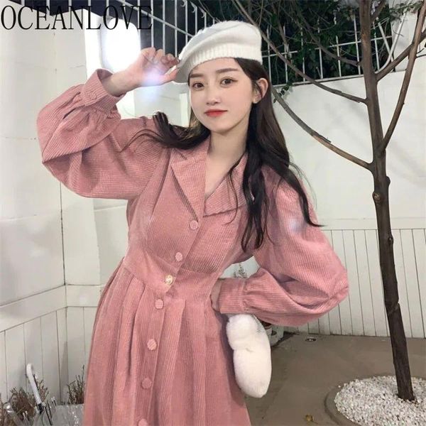 Casual Kleider OCEANLOVE Cord Frauen Herbst Winter Koreanische Mode Vestidos Mujer Einreiher Solide Süße Lange Kleid Retro