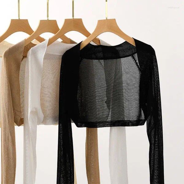 Coprispalle bolero aperto sul davanti in maglia da donna, manica lunga, tinta unita, protezione solare, cardigan corto in maglia