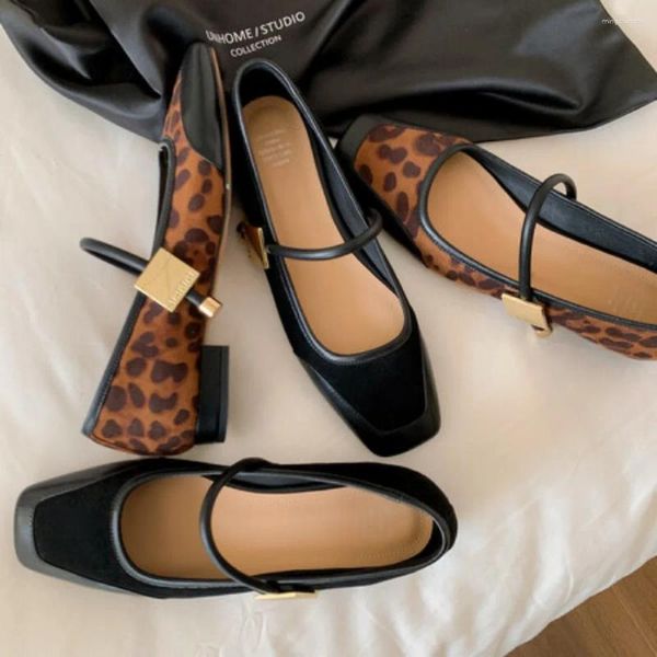 Freizeitschuhe Damen-Loafer, quadratischer Absatz, Wildleder, runde Zehen, elastisches Band, Spleißen, gemischte Farben, Retro-Stil, Leopardenmuster