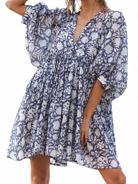 boêmio Dr Retro Loose Fit Impresso Mini Elegante Frock Manga Média Floral Dr Casual Party Roupas Femininas Primavera Verão 63MV #