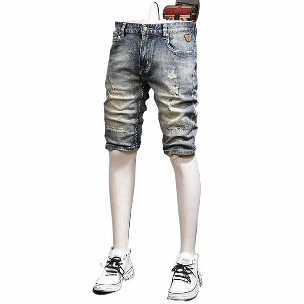 Jeans curtos homens vintage streetwear rasgado denim shorts fi casual retro cor estiramento fino ajuste calças retas b7Jk #