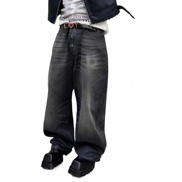 Harajuku Grande Baggy Wax Brilhante Fried Salt Scan Jeans para Homens e Mulheres Retas Soltas Calças Jeans Casuais Y2K Hip Hop Cargas M01J #