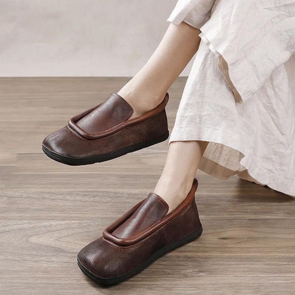 Casual Schuhe Frauen Müßiggänger Leder Grau Mönch Handgemachte Echte Weiche Faul Wohnungen Slip Auf Chinesischen Ancient2024