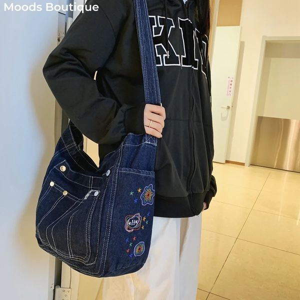 Женские джинсовые сумки-тоут из потертого денима, сумка-книжка на плечо, синяя джинсовая сумка со звездами и вышивкой, с несколькими карманами, большая вместительность, покупатель-мессенджер Y2K 240326