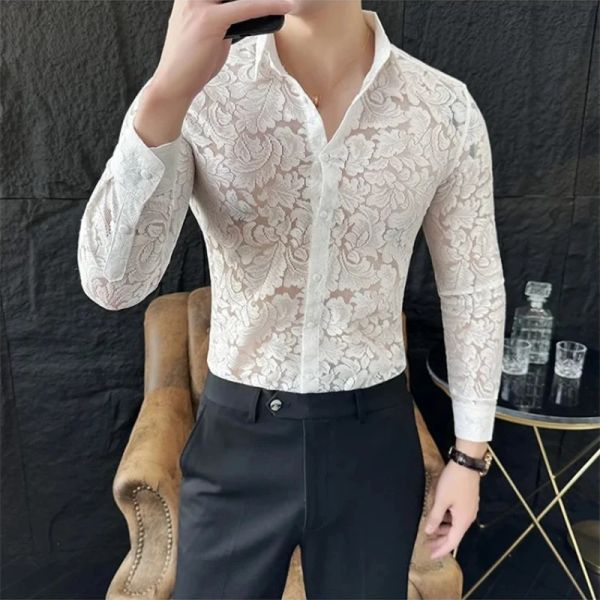 Camisa sexy de malha transparente com renda floral, camisa masculina de manga comprida, camisa casual para festa social, smoking, boate, eventos, baile