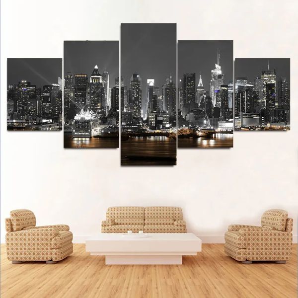 5 панелей Canvas Painting Wall Art Art New York City Construction Pictures Pictures Prints Night View Landscape плакат домашний декор