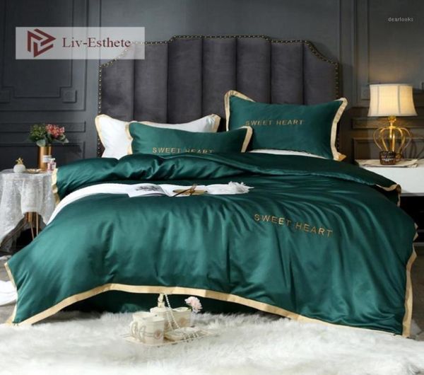 Livesthete 100 seda verde escuro conjunto de cama bordado capa edredão folha plana roupa cama dupla rainha rei para adulto13319409