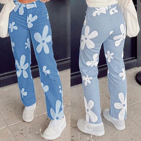 Jeans femininos 2024 primavera cintura alta flor impressão para mulheres moda estiramento casual calças retas rua roupas na moda