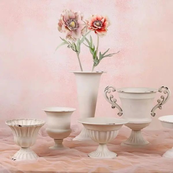 Vasos velho cálice flor ware branco antigo vaso flor weng retro nostálgico ferro europeu mesa arranjo de flores recipiente com orelha