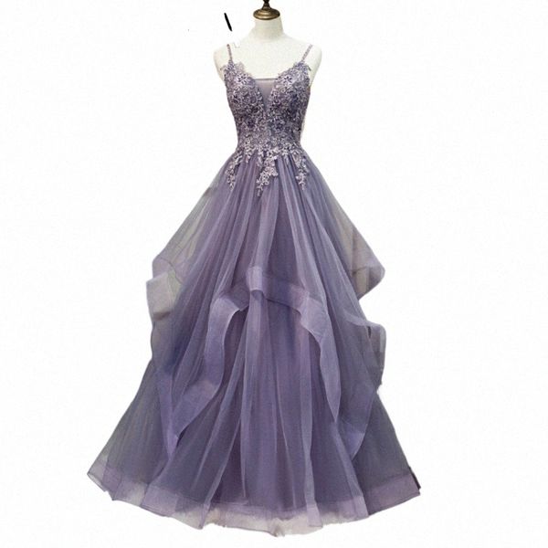 Dres da sera in stile francese Dr Purple Appliques che borda l'increspatura della torta Dres con scollo a V Lace Up A-line fino al pavimento formale Dres Q3q2 #