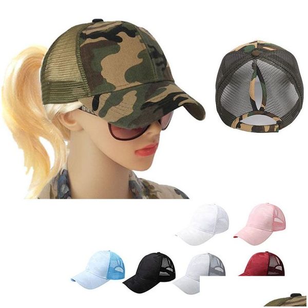 Top Caps Kamuflaj Ponytail Trucker Hats Kadın Dağınık Bun Beyzbol Şapkası Snapback Sun Net Net Yüzey Nefes Alabilir Gündelik Damla Teslimat Fashi DHB45