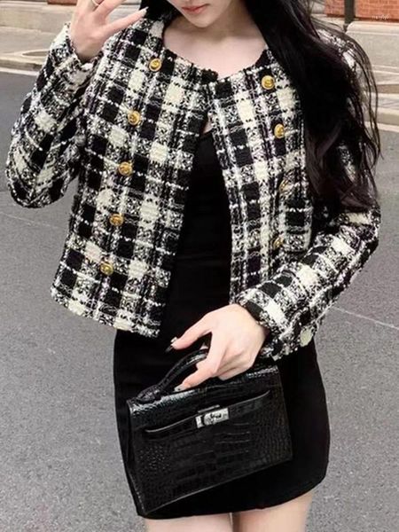 Giacche da donna 2024 Autunno di alta qualità Celebrità Temperamento Piccolo profumo Vento Plaid in bianco e nero di lana Corto Donna Casual Ragazza Coa