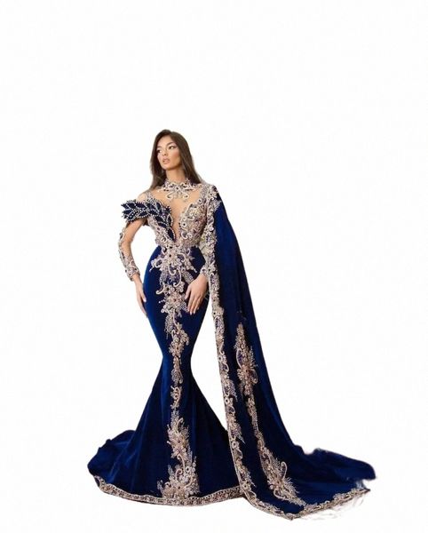 Veet Royal Blue Sirena Abiti da sera Perline Lg Maniche Collo alto Festa di compleanno Abiti da ballo con scialle Custom Made 51AO #