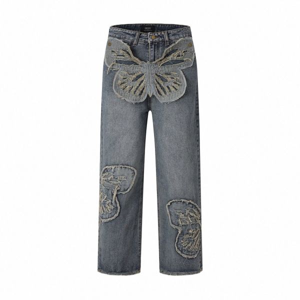 farfalla Patches ricamato Wed dritto Vintage Baggy Fitting Jeans per gli uomini High Street Distred Jeans Pantaloni Donna h5kt #
