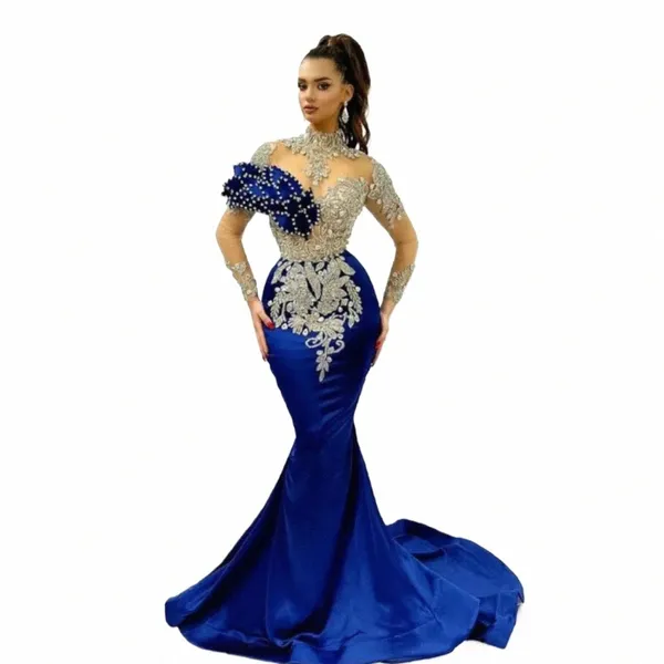 Arabia Arabo Royal Blue Prom Gowns Appliques Sera Dres 2024 Cristalli Satin Lg Sirena Illusi Formale Occassi Dr L1AM #