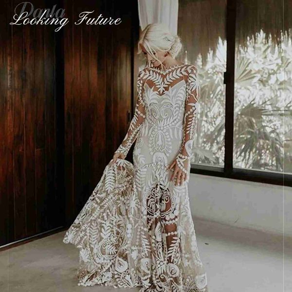 Abiti sexy urbani Bianco Morden Modello in pizzo Due pezzi da sposa con cappotto staccabile Ricamo 2024 Maniche lunghe Scollo a V Abiti da sposa yq240329