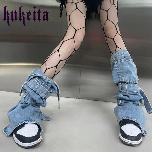 Harajuku y2k kadınlar denim bacak daha sıcak çoraplar Japon havalı kızlar punk rock moda diz yüksek sokak kıyafeti bacak kapağı 240315