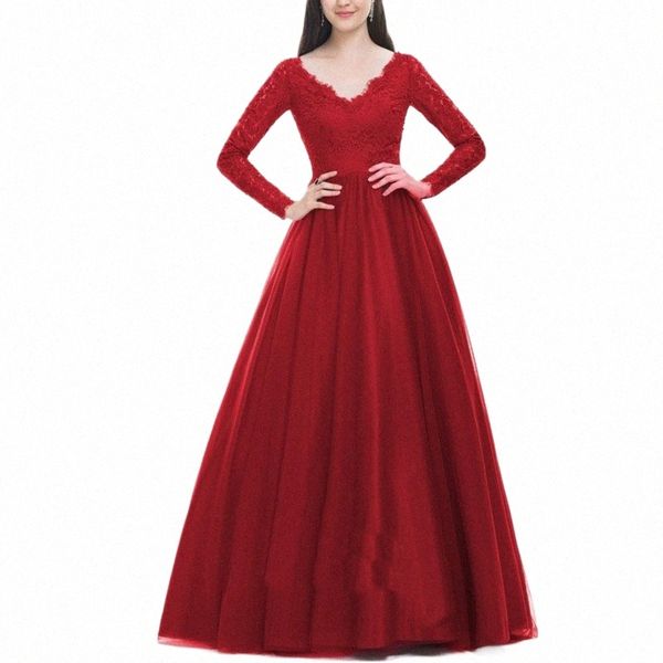 pizzo floreale rosso formale maxi dres per le donne manica lunga elegante scollo a V tulle festa di sera damigella d'onore per l'ospite di nozze d5CX #