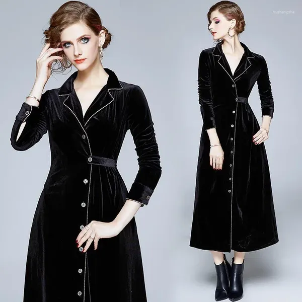 Vestidos casuais vintage elegante ocidente alta classe cor preta veludo feminino outono longo feminino único breasted túnica vestido de aquecimento