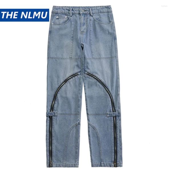 Мужские брюки 2024, мужские синие винтажные джинсы на молнии, большие размеры в стиле Харадзюку, джинсовая мужская мода в стиле хип-хоп, уличная одежда, мешковатые свободные прямые брюки