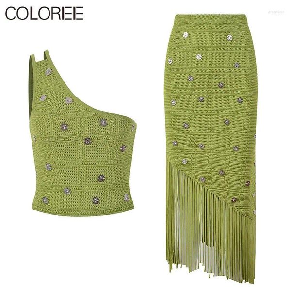 Abiti da lavoro Estate Boho Abbigliamento 2024 Bohemian Vintage Nappa Verde Maglia Set da due pezzi Donna Elegante Crop Top e gonna 2 set