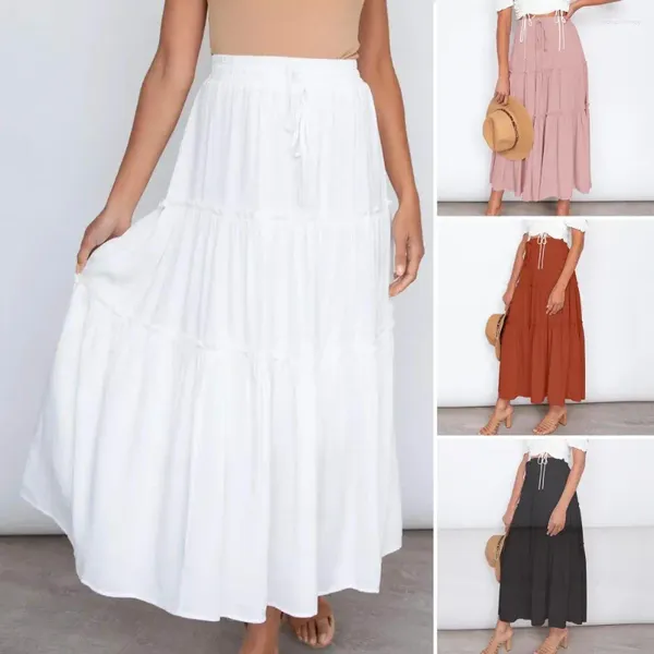 Saias femininas saia cor sólida plissado design grande bainha elástica cintura alta streetwear estilo boho uma linha plissado swing praia maxi f