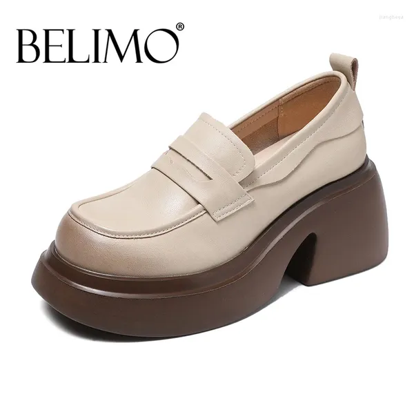 Freizeitschuhe BELIMO Plattform-Loafer für Damen, echtes Rindsleder, einfarbig, atmungsaktiv, Slip-on, runde Zehen, dicke Sohle, Damen, handgefertigt