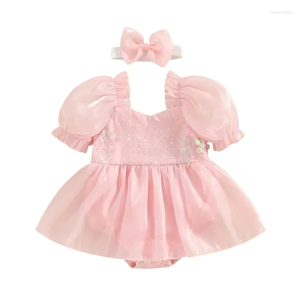 Kleidungssets Baby Mädchen Strampler Kleid Outfits Puffärmel Mesh Layered Tutu Bodysuit Prinzessin mit Stirnband Set