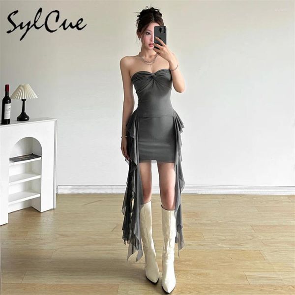 Lässige Kleider Sylcue 2024 Frühling Schwester Party Elegante Reife Schöne Sanfte Süße Straße Coole Damen Einfarbig Kurzes Brustwickelkleid