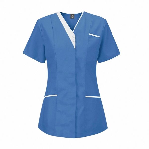 Scrub infermieristico Uniforme medica da donna Manica corta Uniforme chirurgica Pet Shop Beauty Sal Camicia uniforme da lavoro Blu T0mD #