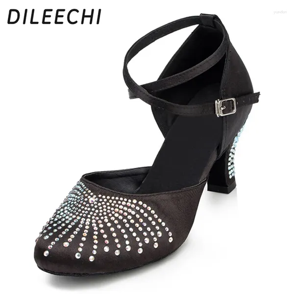 Scarpe da ballo DILEECHI Rosso Nero Colore della pelle Latino Donna Adulta Raso Diamante Quadrato Ballo da sala per donna