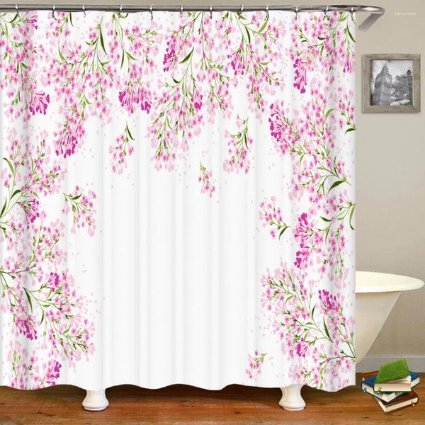 Cortinas de chuveiro 3D Belas flores de cerejeira de cerejeira cor da cortina de banheiro rosa Cortains decorativas de tecido lavável