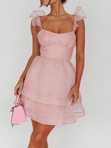 Lässige Kleider Damen Puffy Minikleid Elegante A-Linie Party ärmelloses Rüschenband einfarbig fließendes süßes rosa Sommerkleid für den Abend