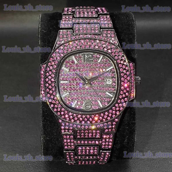 Outros relógios novo rosa ddiamond hip hop para homens moda gelo fora festa jóias pulso luxo brilhante gem acessórios es na moda 202 t240329