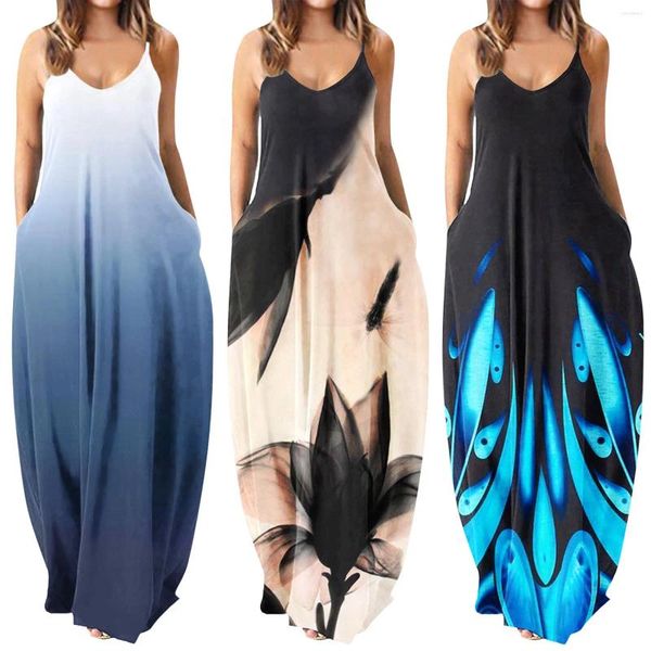 Parti Elbiseleri Yaz Kadınlar Maxi Elbise Seksi V Boyun Gevşek Kolsuz Baskı Uzun Boho Beach Sundress ile Cep Moda Vestidos