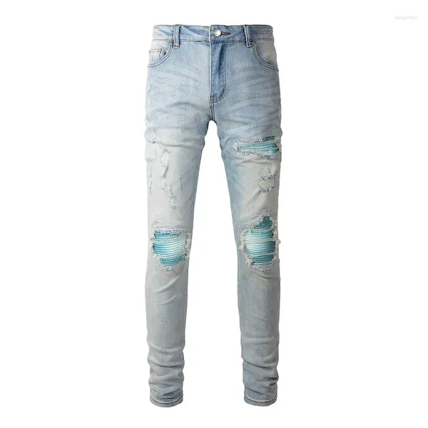 Jeans da uomo EU US Drips Blu Distressed Streetwear High Stretch Verde Costine Patchwork Fori Baffi Slim Fit Strappato Uomo