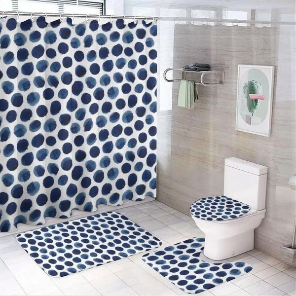 Cortinas de chuveiro azul bolinhas impressas cortina moderna antiderrapante tapete impermeável poliéster decoração de casa 180x180
