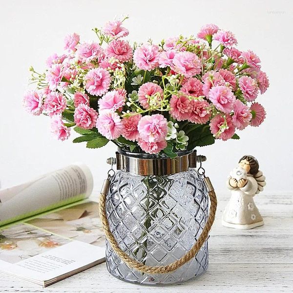 Flores decorativas de seda hortênsia de cravo artificial buquê rosa vaso falso para decoração de casamento em casa plantas de acessórios