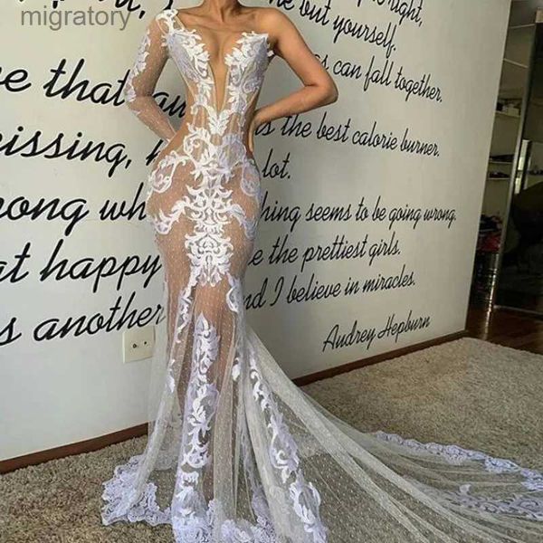 Городские сексуальные платья Очаровательные кружевные прозрачные свадебные иллюзии с длинным рукавом Русалка со шлейфом Свадебные платья на молнии сзади Vestidos yq240329