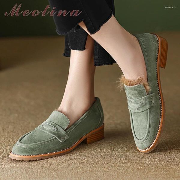 Freizeitschuhe Meotina Frauen Echtes Leder Loafer Runde Zehen Wohnungen Damen Kid Wildleder Mode Winter Herbst Aprikosengrün 40