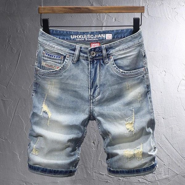 Jeans da uomo Summer Fashion Designer Short da uomo Pantaloncini di jeans vintage stampati strappati slim blu lavati retrò elasticizzati