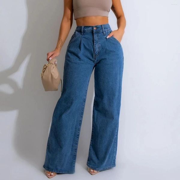 Frauen Jeans 2024 Frühling Oversize Denim Hosen Blau Taschen Empire Taille Breite bein Lose Weibliche Sommer Casual Mode dame