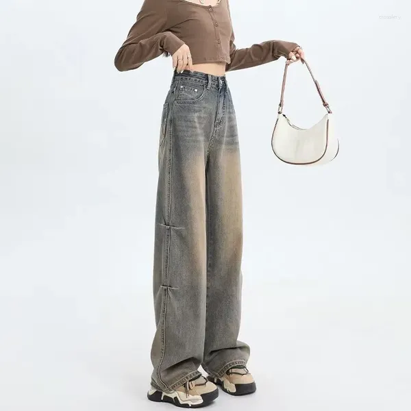 Damenjeans Y2K Retro Pre-Fall Yellow Clay Smudge Gradient Wash Modische verstellbare Hose mit geradem Bein und weitem Bein