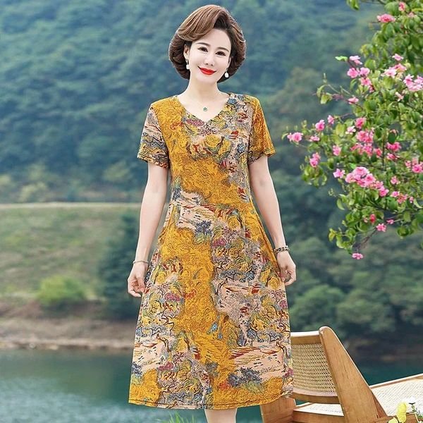 Partykleider Mode 2024 Sommerkleid für Frauen Plus Size Print Vintage Böhmen O-Ausschnitt Sommerkleid Kleidung